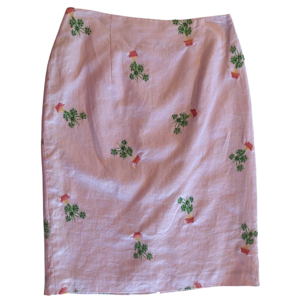Silk Club 100% Linen Embroidered & Beaded Pencil Skirt w/ Back Slit Womens 6